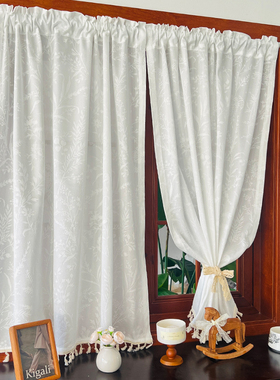 法式透光不透人提花纱帘遮光流苏边卧室客厅成品窗帘半帘橱柜短帘