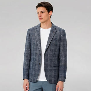 时尚 格纹修身 毛呢单西外套蓝灰格纹 款 撤标撤柜休闲西服春秋男经典