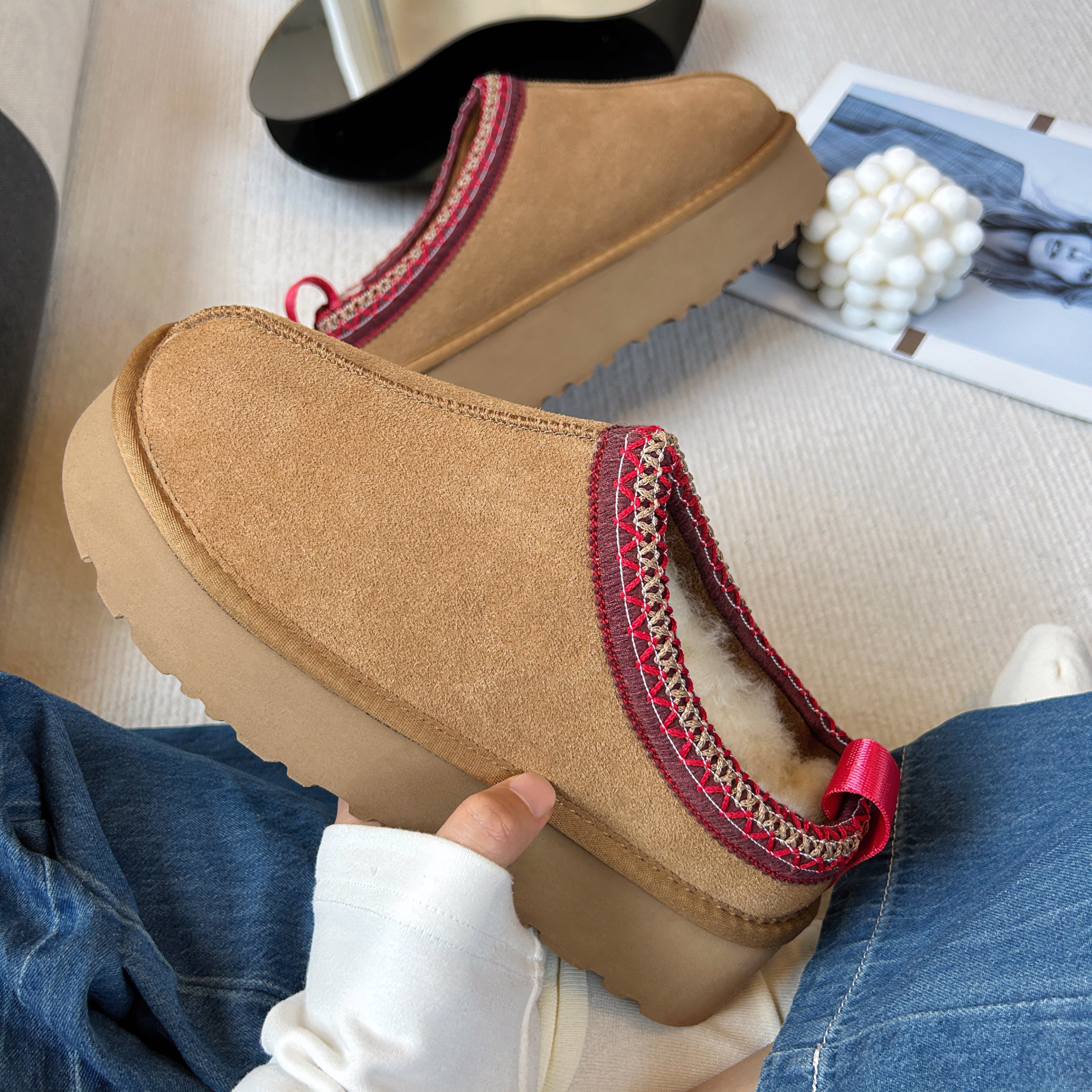 2023年冬季新款皮毛一体厚底拖鞋女民族风包头拖增高可外穿百搭拖