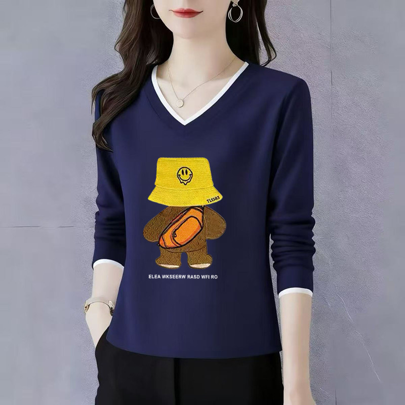 纯棉长袖t恤女士V领打底衫初秋2025新款高端洋气正肩宽松休闲上衣