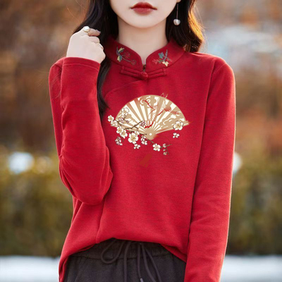 2024秋冬新款双面德绒女士刺绣印花宽松显瘦打底衫国风中式立领