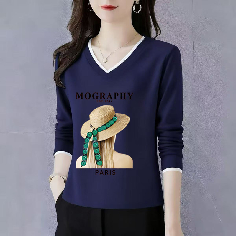 纯棉长袖t恤女士V领打底衫初秋2025新款高端洋气正肩宽松休闲上衣