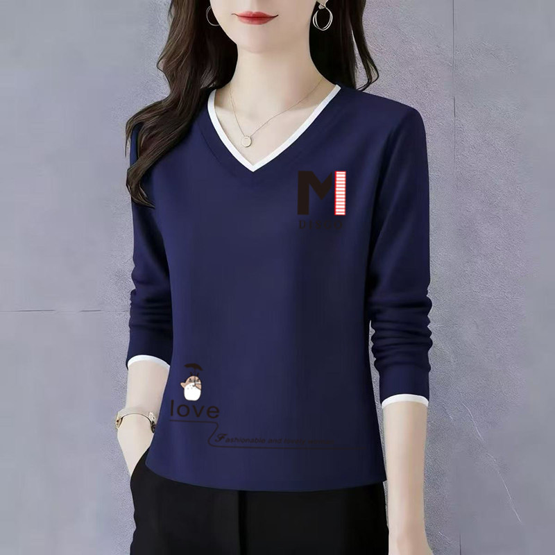 纯棉长袖t恤女士V领打底衫初秋2025新款高端洋气正肩宽松休闲上衣