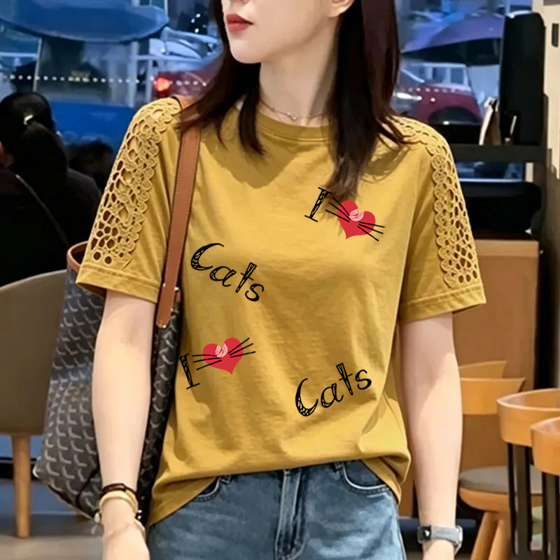 纯棉时尚镂空花边拼接短袖T恤女夏季新款宽松洋气圆领半袖女上衣