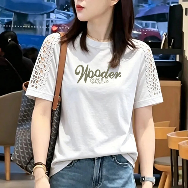 纯棉时尚镂空花边拼接短袖T恤女夏季新款宽松洋气圆领半袖女上衣
