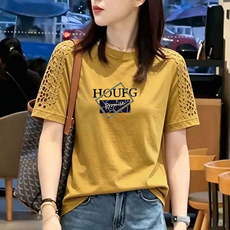 纯棉时尚镂空花边拼接短袖T恤女夏季新款宽松洋气圆领半袖女上衣