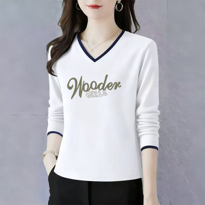 纯棉长袖t恤女士V领打底衫初秋2025新款高端洋气正肩宽松休闲上衣