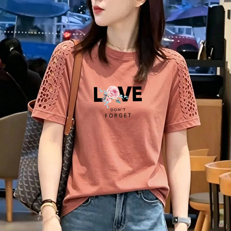 纯棉时尚镂空花边拼接短袖T恤女夏季新款宽松洋气圆领半袖女上衣