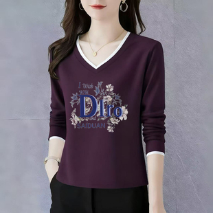 纯棉长袖t恤女士V领打底衫初秋2025新款高端洋气正肩宽松休闲上衣