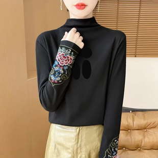 T恤国风印花保暖上衣 中式 秋冬半高领德绒打底衫 女复古民族风长袖