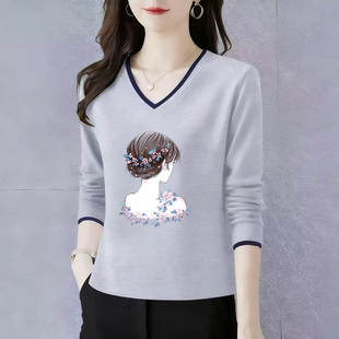 高端洋气正肩宽松休闲上衣 初秋2025新款 纯棉长袖 t恤女士V领打底衫