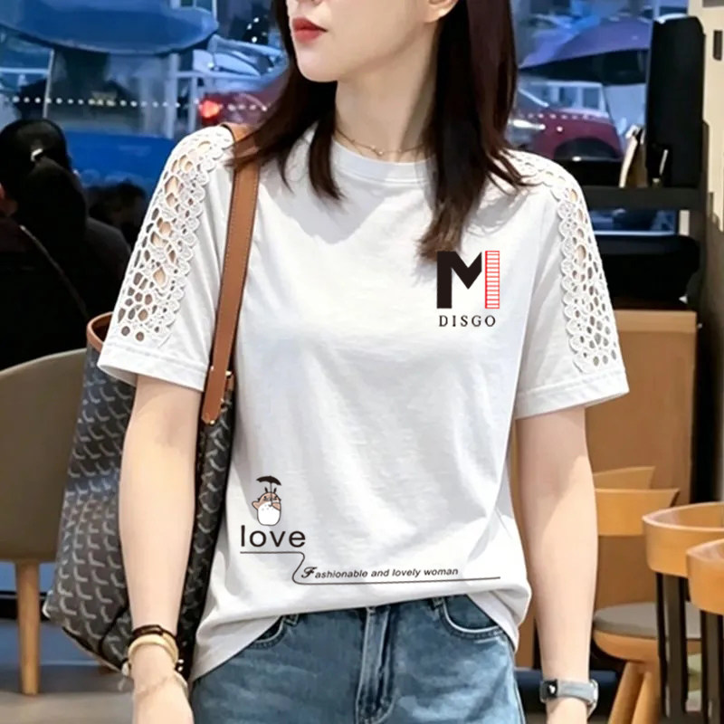 纯棉时尚镂空花边拼接短袖T恤女夏季新款宽松洋气圆领半袖女上衣