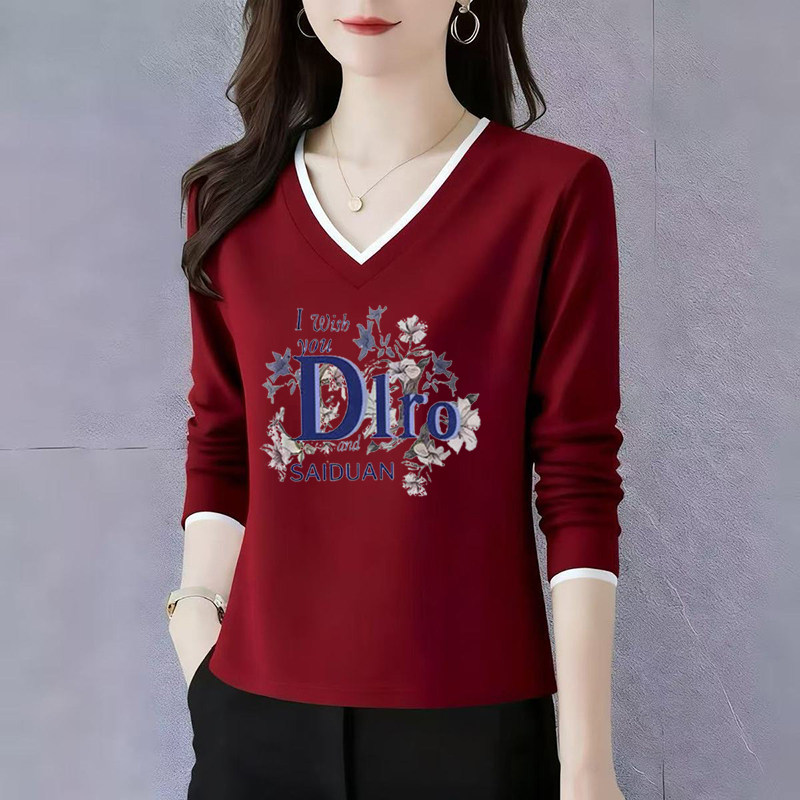 纯棉长袖t恤女士V领打底衫初秋2025新款高端洋气正肩宽松休闲上衣