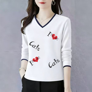 纯棉长袖t恤女士V领打底衫初秋2025新款高端洋气正肩宽松休闲上衣