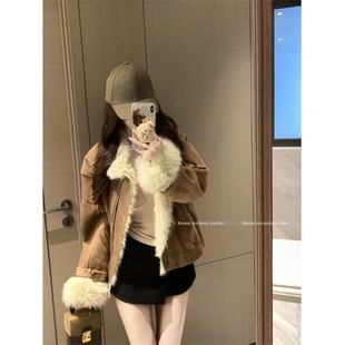 复古皮毛一体毛领长袖鹿皮绒外套女冬季美式夹克宽松气质开衫上衣