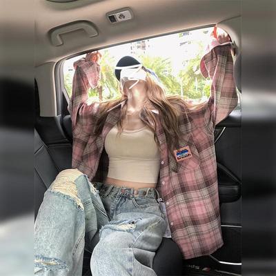 衬衣2025新款防晒设计感小众上衣复古长袖粉色格子衬衫外套女夏