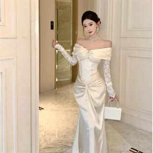 设计感小众高级感一字肩蕾丝拼接晚礼服连衣裙2025秋冬新款女装