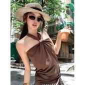 设计感辣妹露背挂颈抹胸背心女夏季 黑色上衣 外穿纯欲短款 修身 无袖