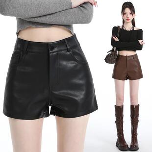 韩版简约PU皮短裤2025秋冬新款辣妹热裤高腰显瘦a字阔腿短裤靴裤