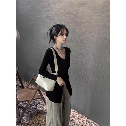 法式黑色v领冰丝针织开衫女早夏季薄款垂感修身收腰防晒罩衫上衣