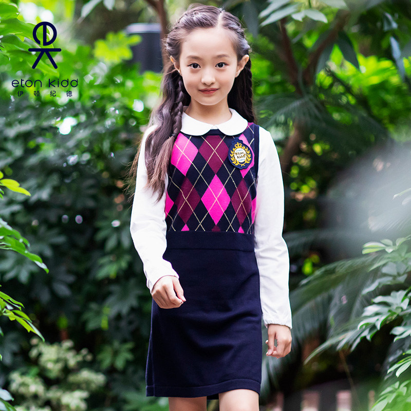 伊顿纪德学院风背心裙淑女针织裙女童菱格毛线衣连衣裙14L251