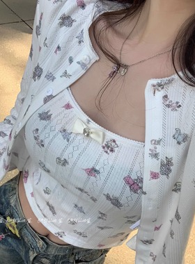 BABYblue【少女氛围】碎花蝴蝶结针织吊带纯欲开衫T恤背心两件套