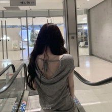 BABYblue【背后绑带】纯欲V领微透雪花棉麻辣妹女短袖T恤慵懒上衣