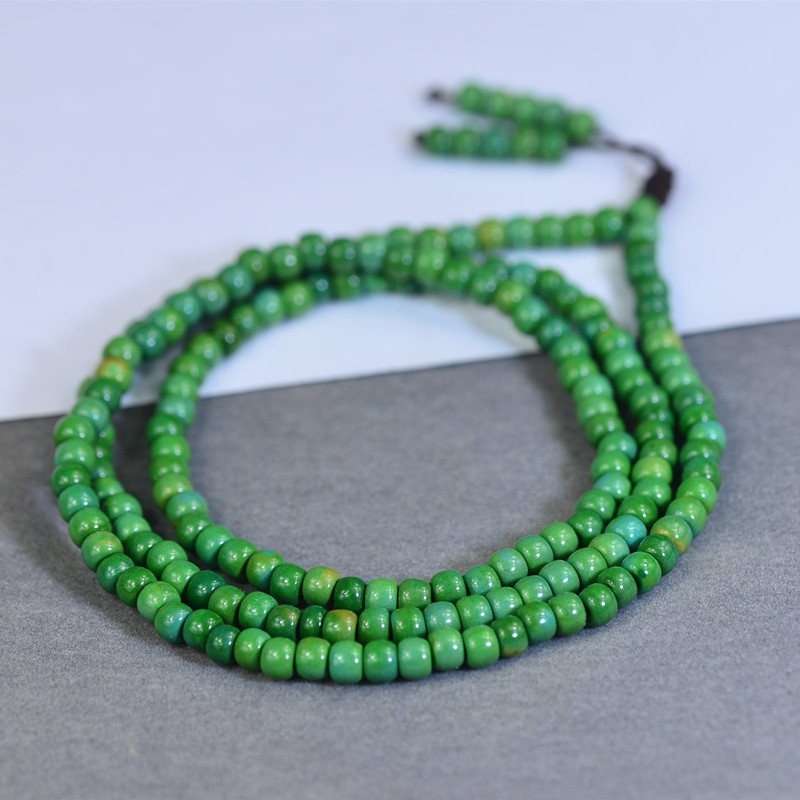 湖北原矿天然绿松石 108佛珠高瓷绿松老型珠子俏色军绿色手串多圈