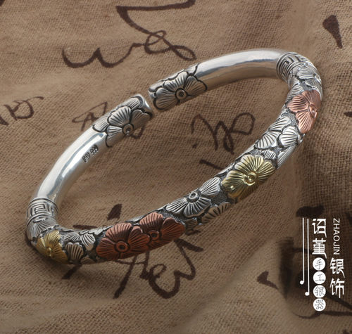 梅花999银手镯女开口立体浮雕