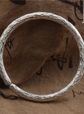 雪花银色手工锤纹细银手镯环文艺简约开口情侣送妈妈女友礼物锤点