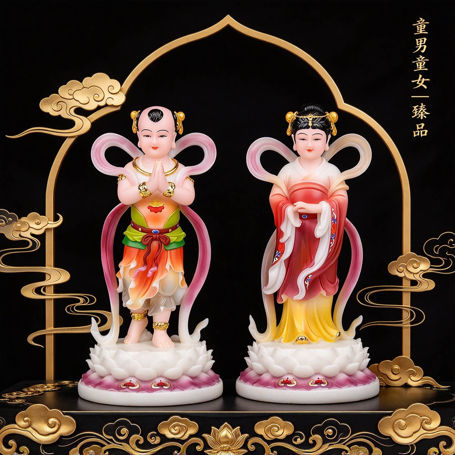 臻品汉白玉善财童子龙女金童玉女像观音菩萨佛像家用童男童女摆件