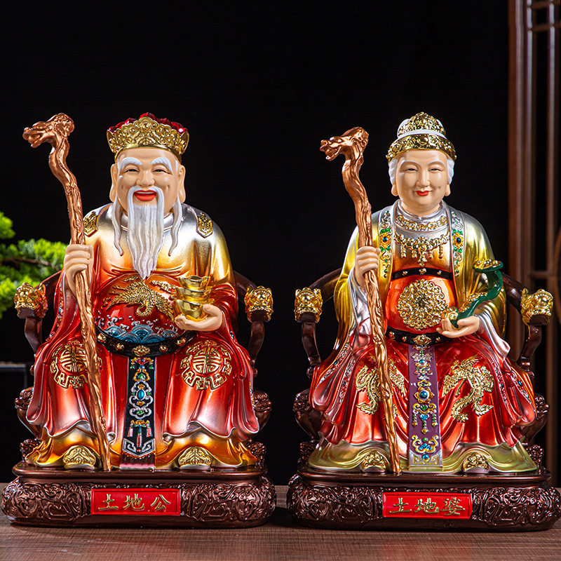 纯铜彩土地公婆佛像福德正神土地公土地婆土地神神像居家供奉摆件