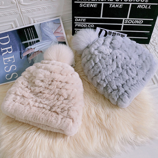 2024新款獭兔毛编织皮草帽子女冬韩版时尚狐狸毛球保暖显白护耳帽