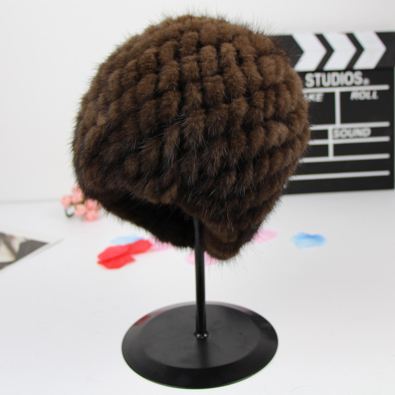 水貂毛皮草帽子女冬季加厚保暖护耳貂皮编织菠萝帽中老年妈妈帽子