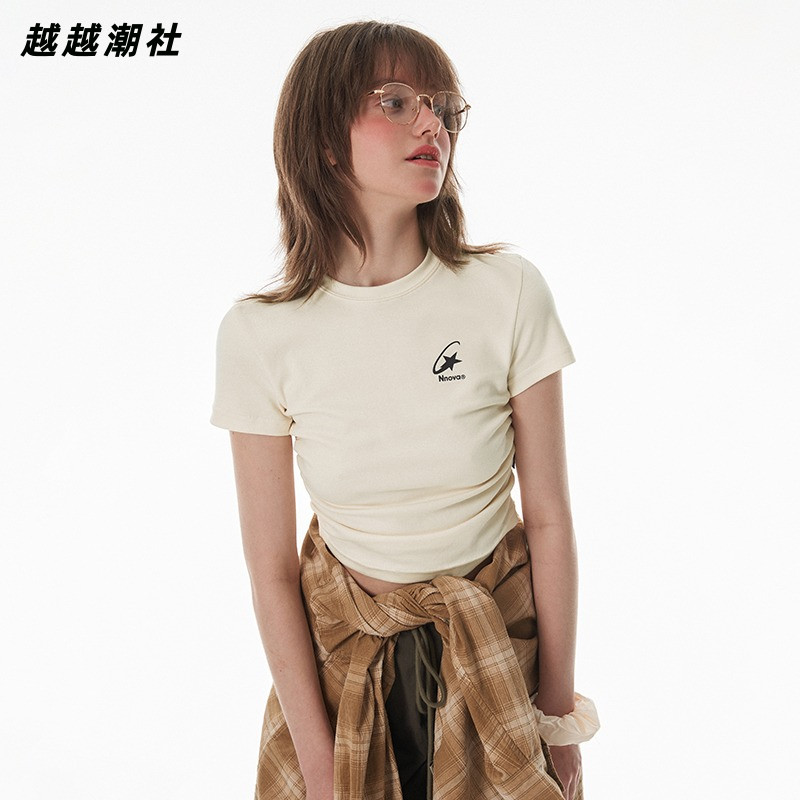 高腰压褶短袖露脐女辣妹上衣T恤