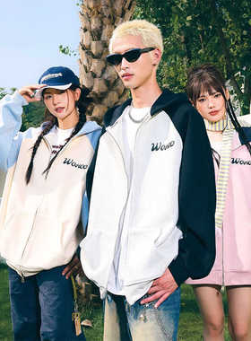 wohoo美式插肩袖连帽开衫卫衣男春秋季宽松拼色情侣运动拉链外套