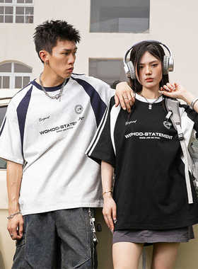 越越潮社wohoo美式拼接撞色字母短袖t恤男女三条杠情侣款半袖上衣