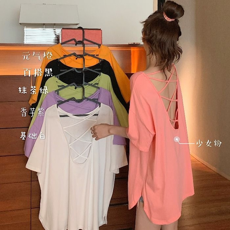 中长款瑜珈服后背交叉露背运动短袖健身衣女夏季宽松透气快干罩衣