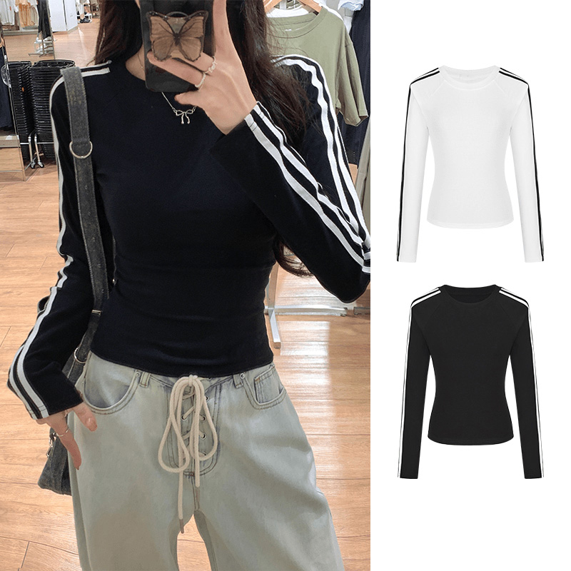 三条杠瑜伽服上衣女秋冬户外纯棉跑步训练速干衣长袖运动健身罩衫