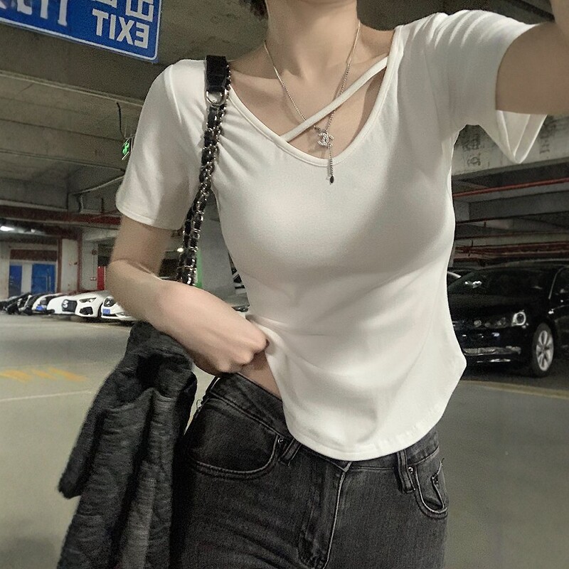 不规则短款修身运动短袖显瘦跑步健身上衣女弹力瑜伽服t恤薄夏V领
