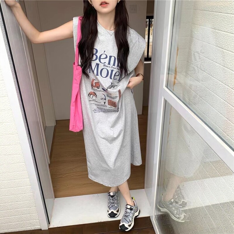 弹力运动上衣女无袖宽松瑜伽速干T恤裙夏舞蹈跑步健身服长款背心