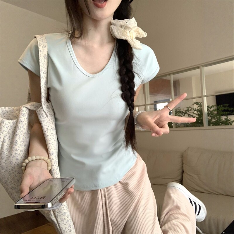 弹力修身运动短袖T恤女夏外穿轻薄透气跑步速干健身瑜伽服V领上衣
