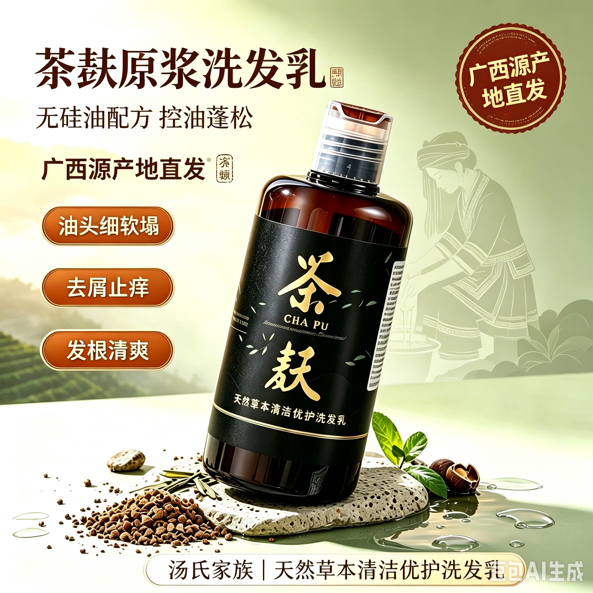 汤氏家族无硅油广西古法茶麸原浆改善油头细软塌蓬松柔顺洗头膏