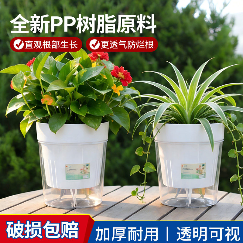 白色透明自吸水懒人花盆蝴蝶兰专用盆圆形加厚塑料透气水培绿植盆
