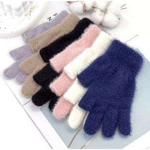 漏指头保暖手套女士冬季加厚毛绒防寒可爱学生露二指骑车触屏手套