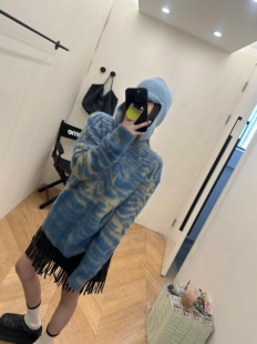 ZZING虾 水波纹蓝色马海毛毛衣套头上衣宽松女 2024年秋冬新款