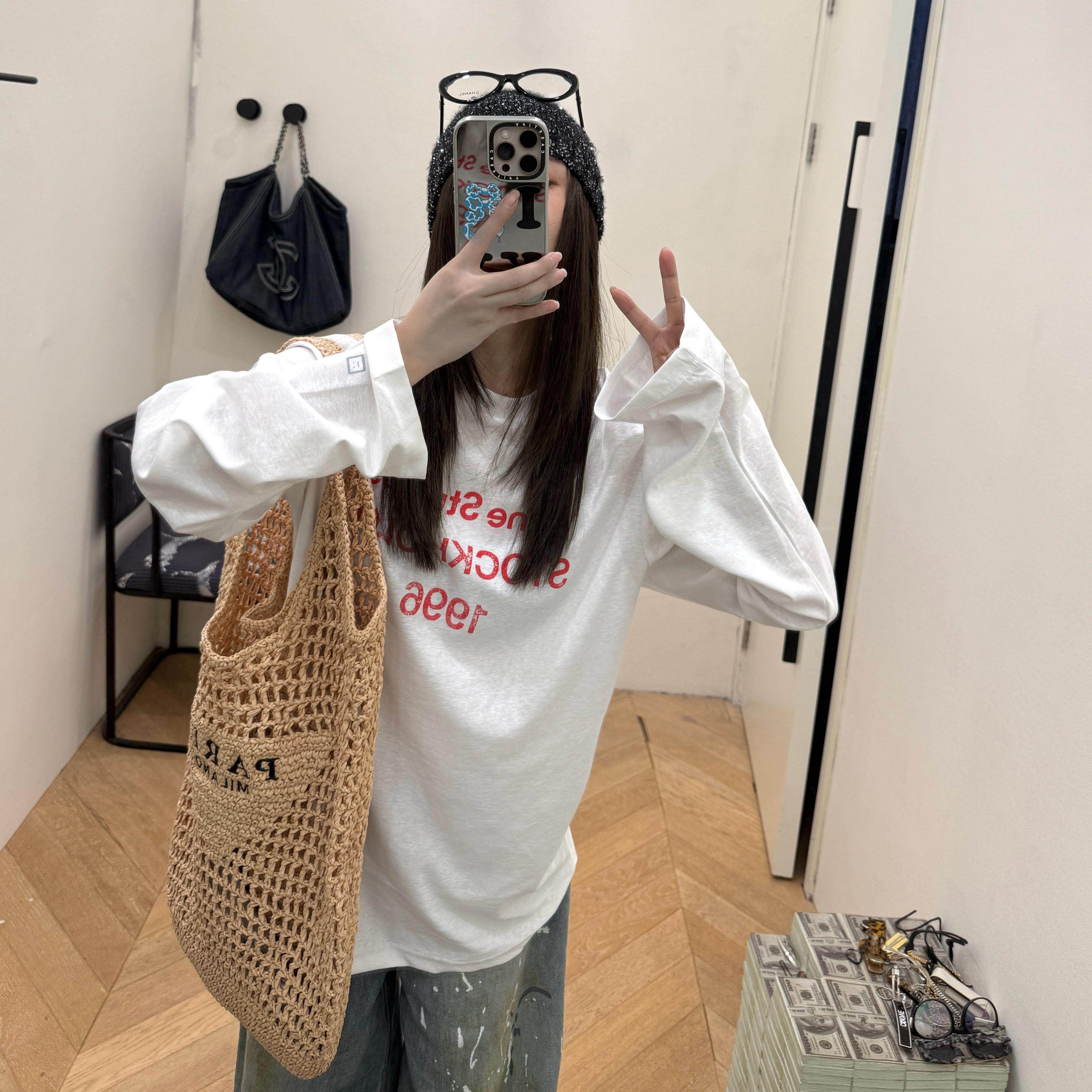 ZZING虾 2025年秋季新款红色字母做旧宽松百搭长袖T恤女
