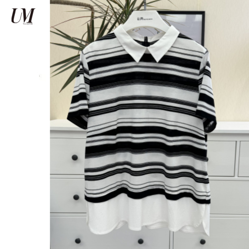 【U.M】翻领polo条纹拼接短袖T恤衬衫上衣女款2025新款爆款超好看