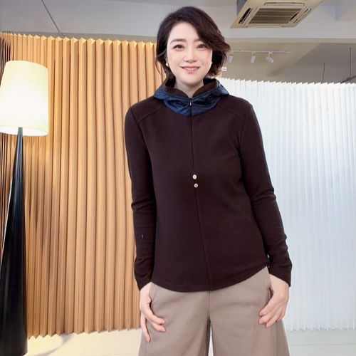 【U.M】连帽拼接轻暖绒保暖长袖上衣 百搭修身亲肤休闲女士打底衫
