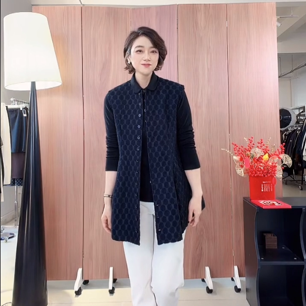 【U.M】圆领提花马甲 秋季外搭A字宽松坎肩中长款单排扣无袖背心